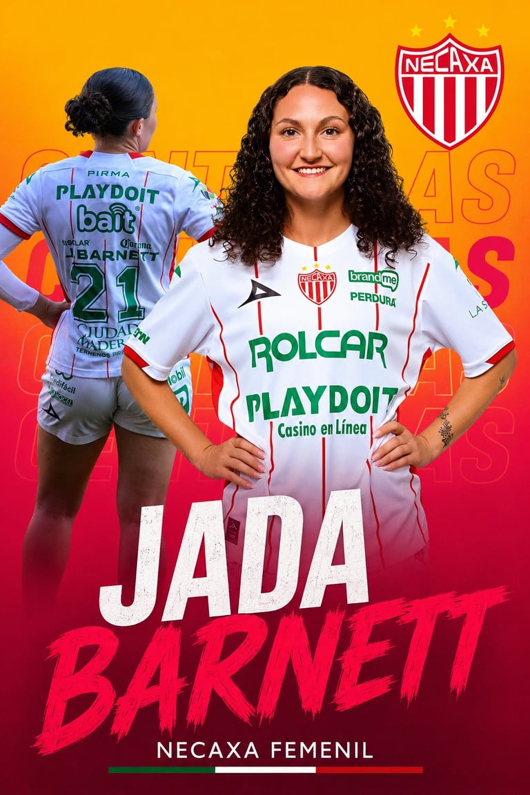 Soccer player Jada Barnett in Necaxa womens team jersey with sponsor logos on orange and red gradient background