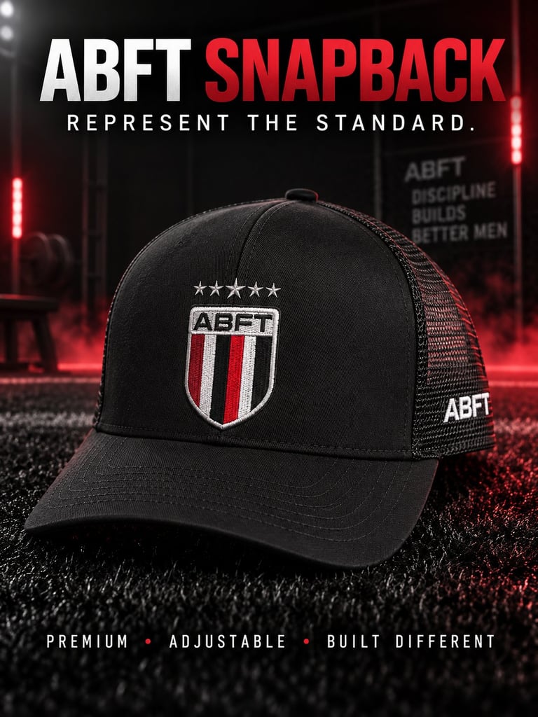Black ABFT snapback hat with mesh back and red and white shield logo, displayed against red neon-lit urban background