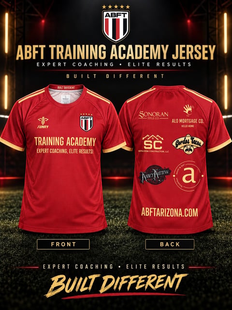 ABFT Training Academy Jersey red athletic shirt displayed front and back with gold trim and sponsor logos, tagline Built Different