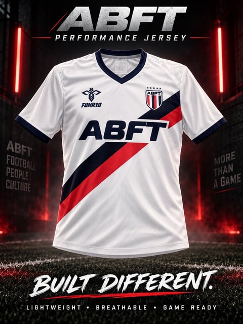 White ABFT performance jersey with navy and red diagonal stripe, Fumax logo, and shield crest on dark background with neon red lights