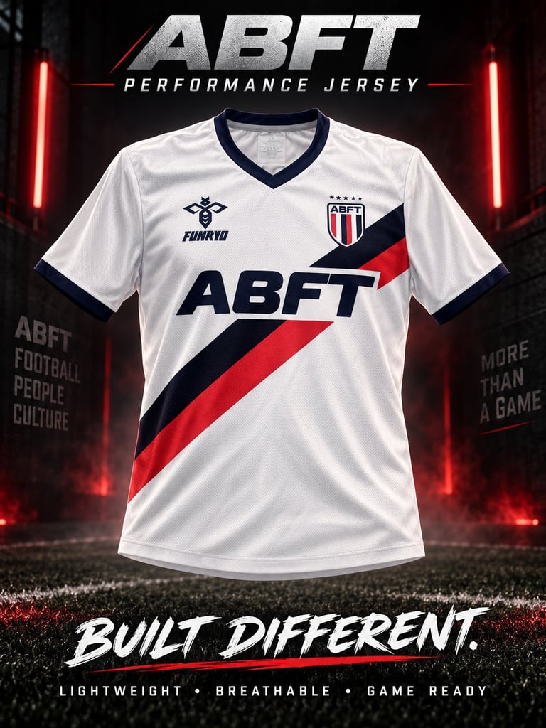 White ABFT performance jersey with navy and red diagonal stripe, Fumax logo, and shield crest on dark background with neon red lights