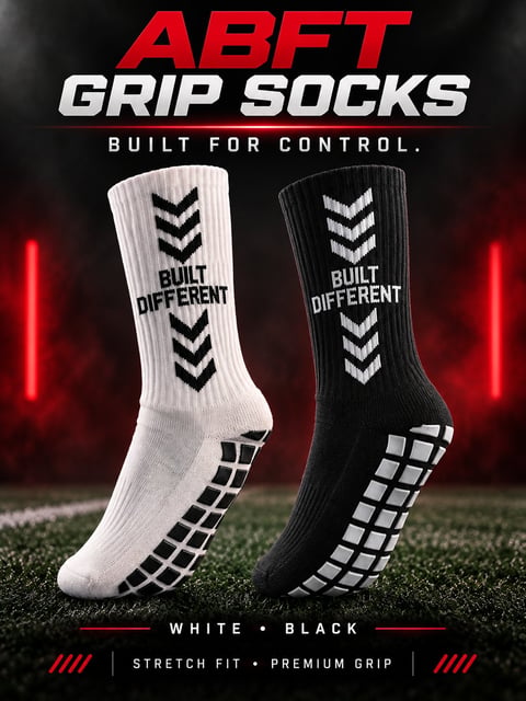 ABET Grip Socks product display showing white and black socks with chevron patterns and grid soles on grass background